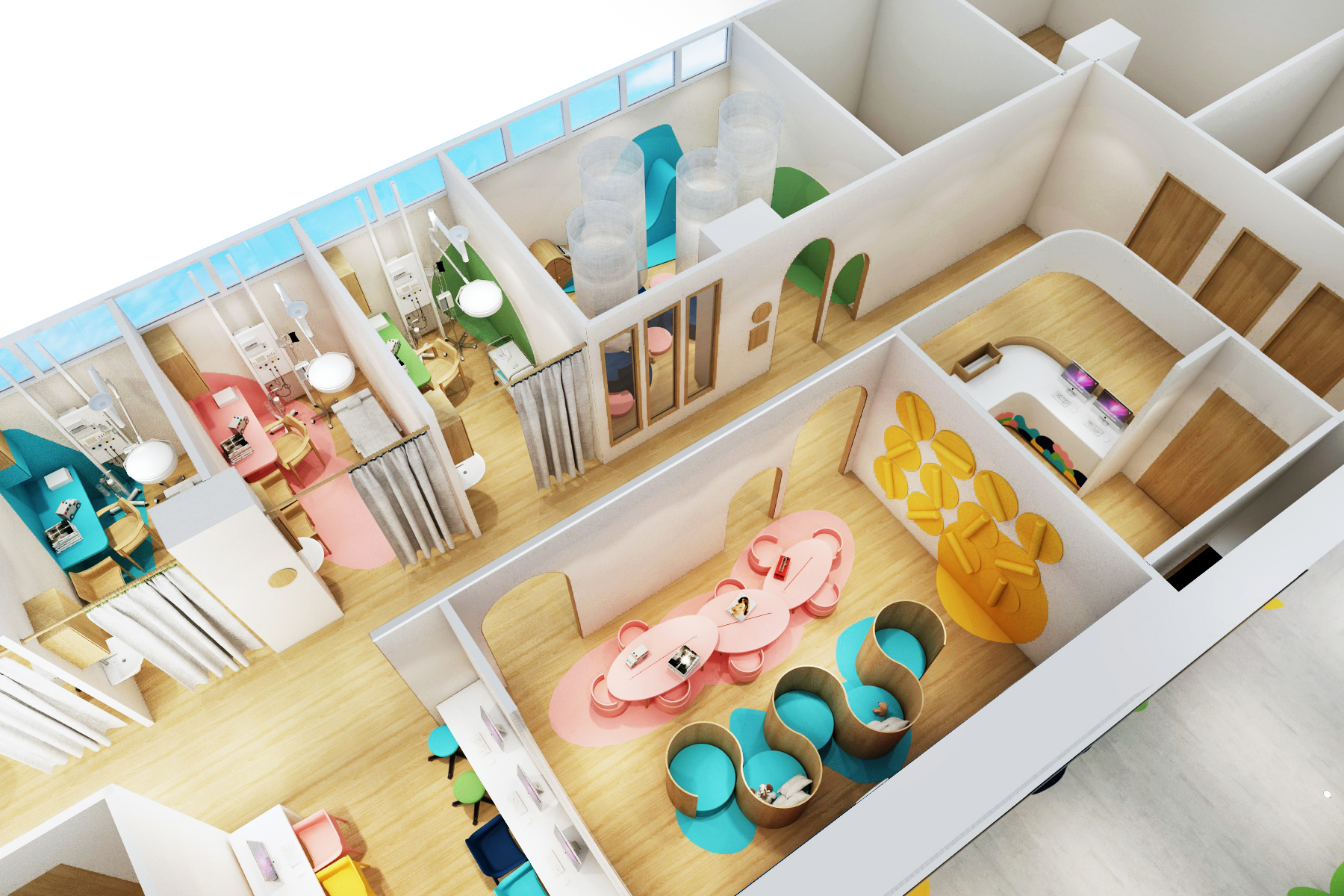 3D view of the inside of a building with pink, blue, yellow and green furniture