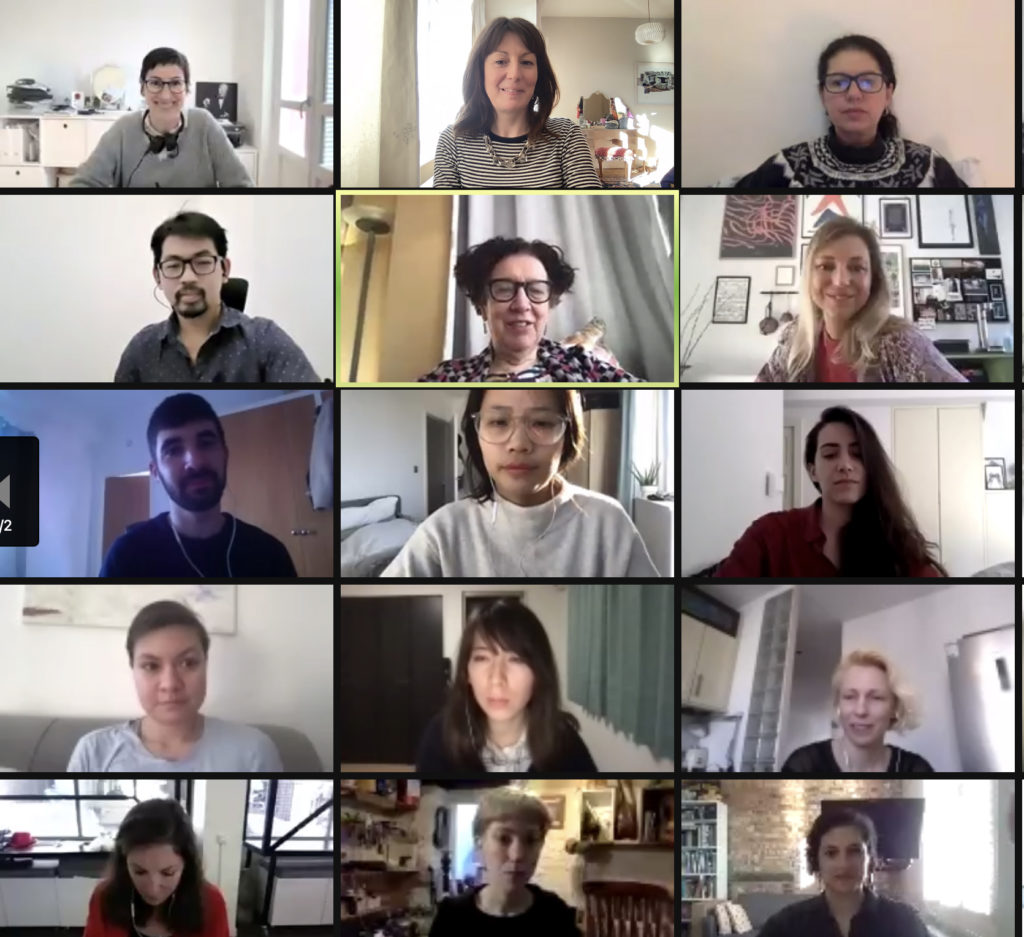 screenshot from a zoom call with 15 participants faces.