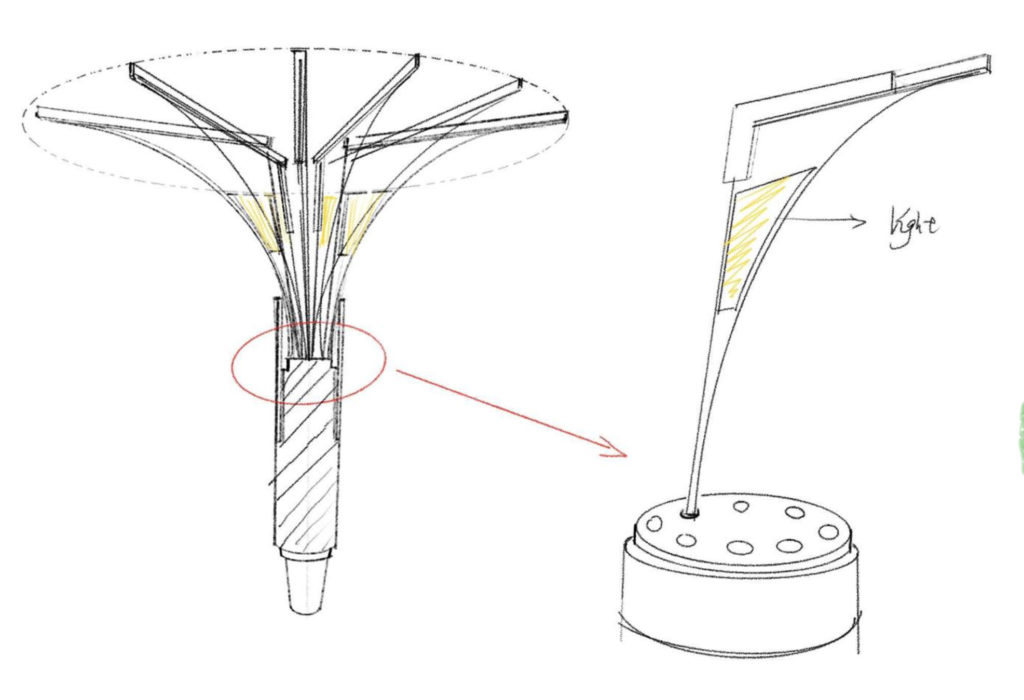 image of the sketch of the interactive tree shaped pen inspired by DaeWha Kang's architectural practice showing how the individual branch-like pieces fit together.