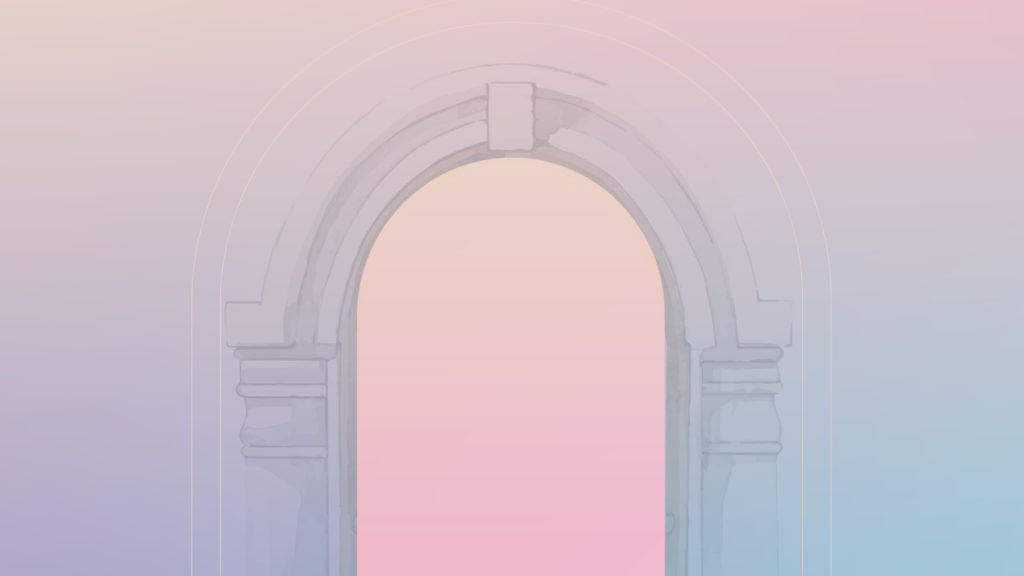 illustration of mauve archway with pink sky behind it